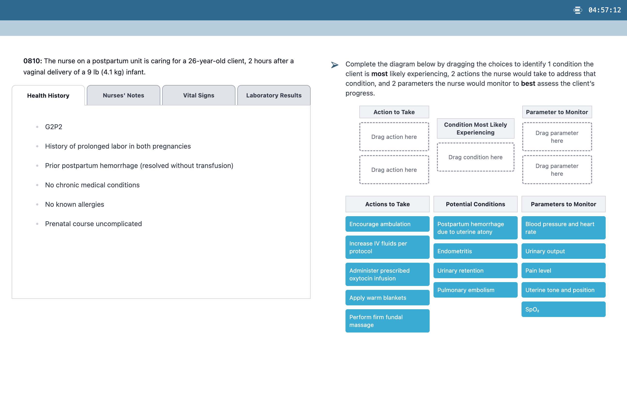 Next Generation NCLEX question with drag-and-drop matrix item type