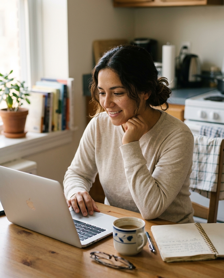 Nursing graduate at her kitchen table reading the CAT feedback report on her laptop