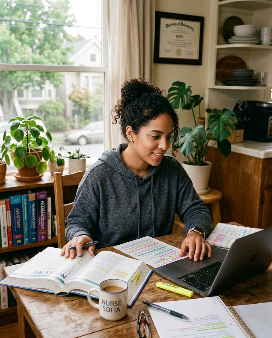 Nursing graduate studying at home with NCLEX review book and laptop