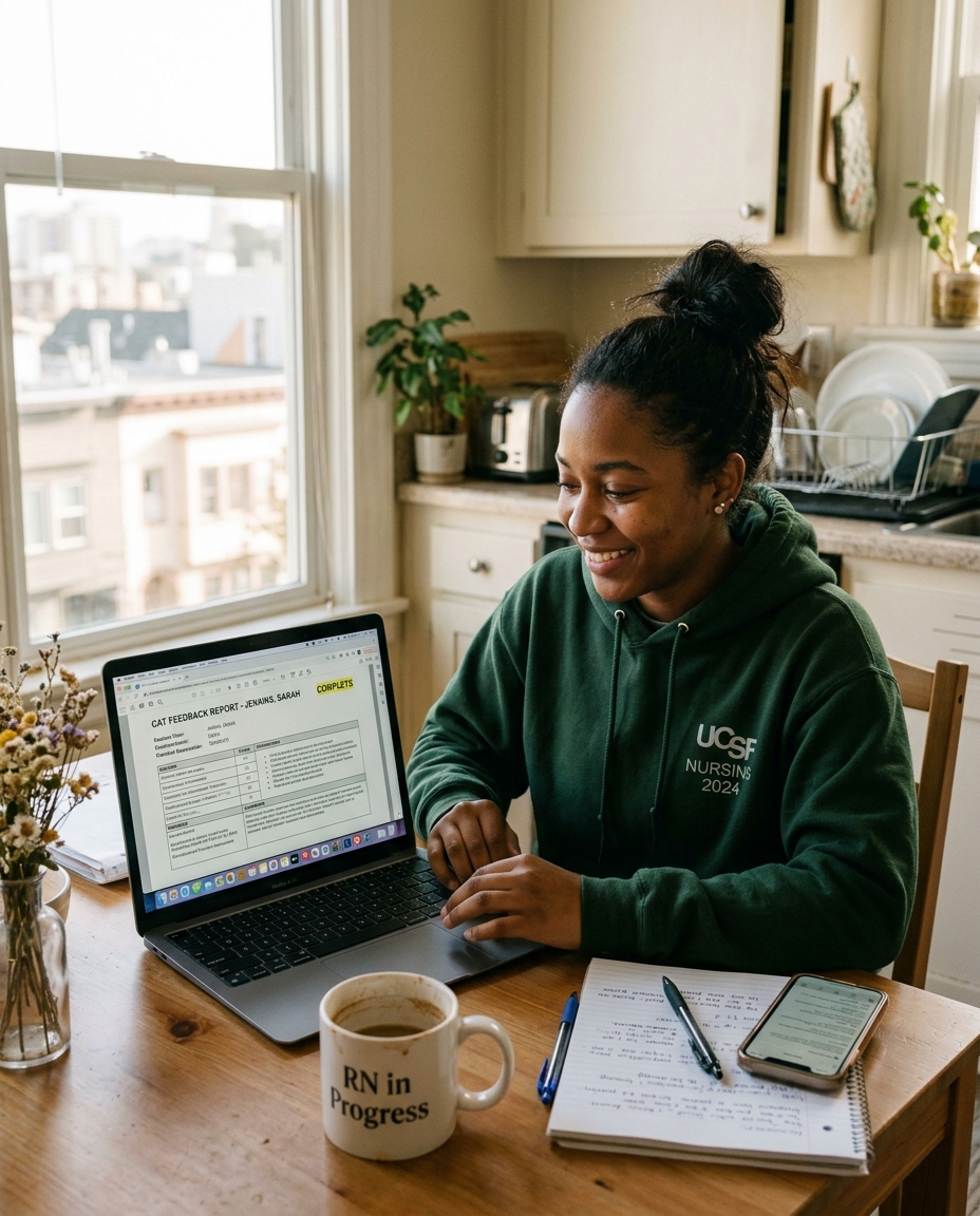 Nursing graduate at her kitchen table reading her CAT feedback report on her laptop