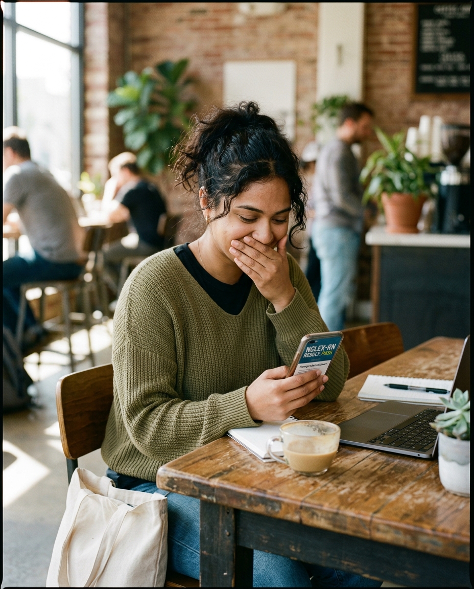 Newly licensed RN at home looking at her phone with quiet smile of relief seeing her pass result