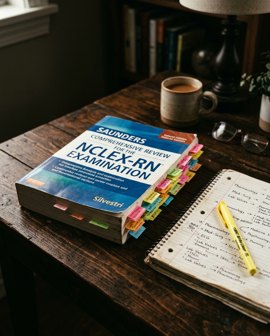 Editorial still life of Saunders NCLEX review book on a dark wood desk with sticky tabs and notebook