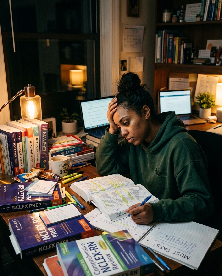 Nursing graduate studying late at night surrounded by NCLEX review books, head in hand