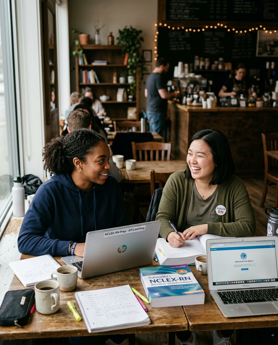 Two nursing graduate friends studying together at a coffee shop with laptops