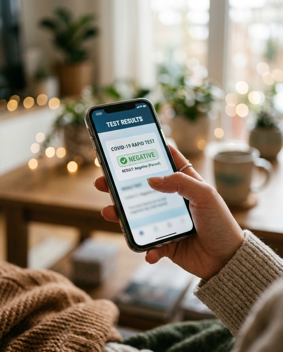 Close-up still life of a hand holding a phone showing a pass result screen