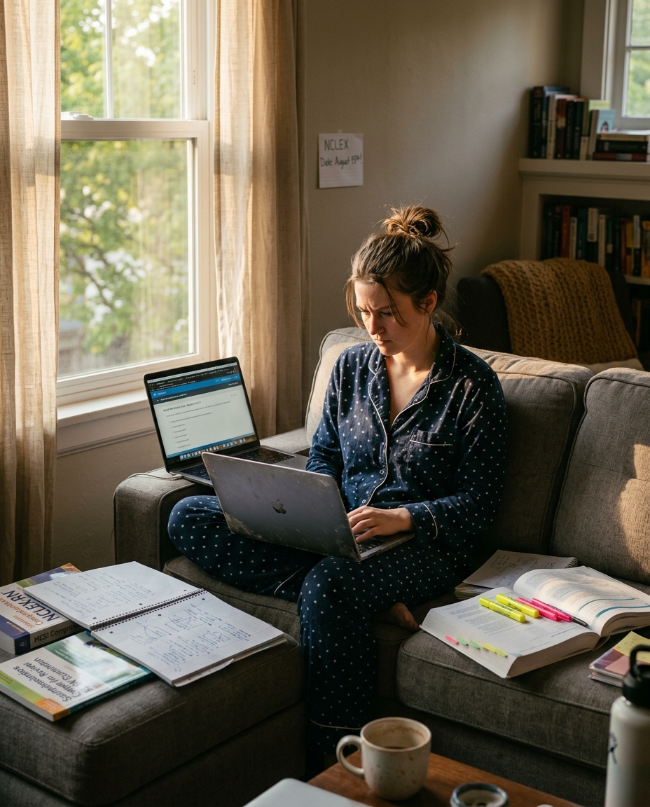 Female nursing graduate on couch in pajamas with laptop on lap and NCLEX review materials