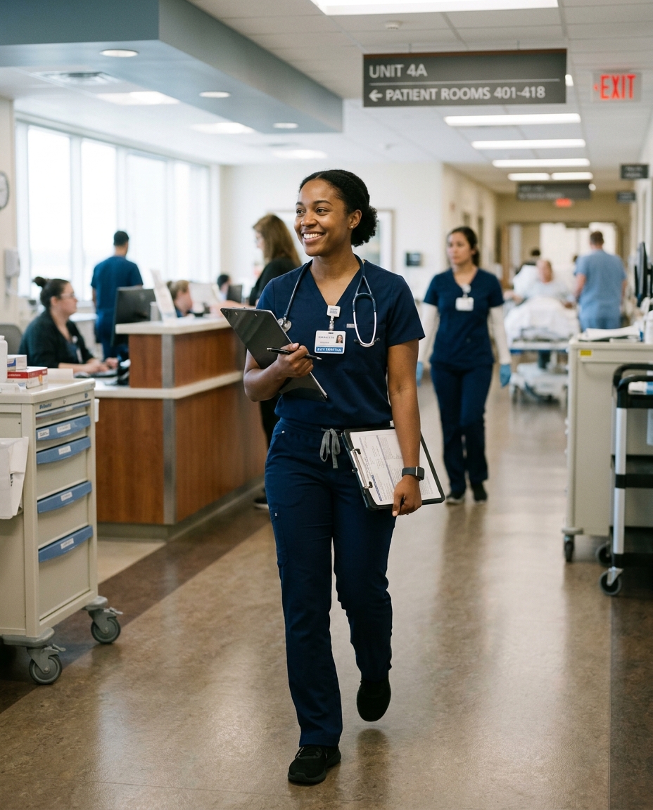 Confident newly licensed RN on the hospital floor in scrubs