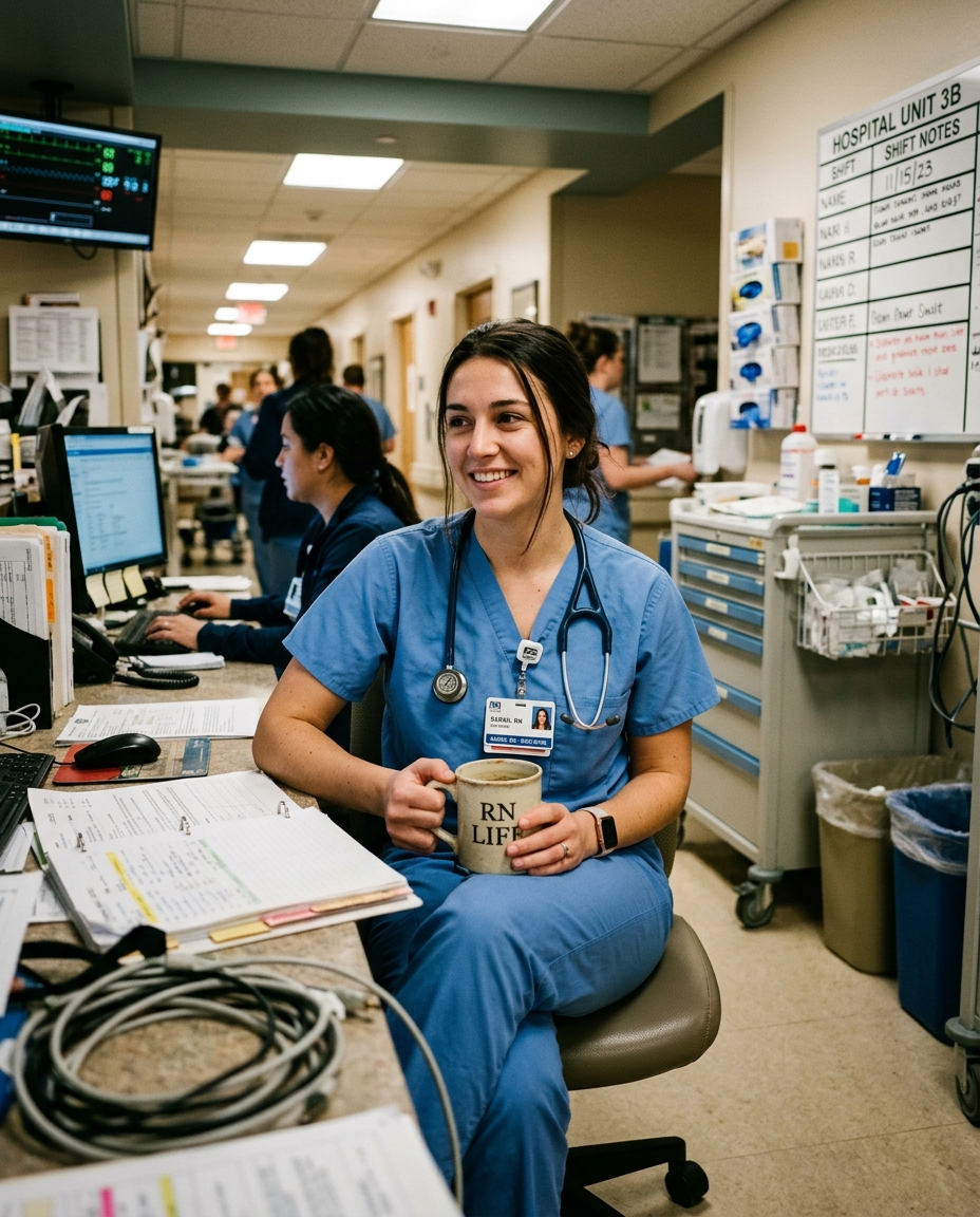 Newly licensed nurse in the break room holding a coffee mug
