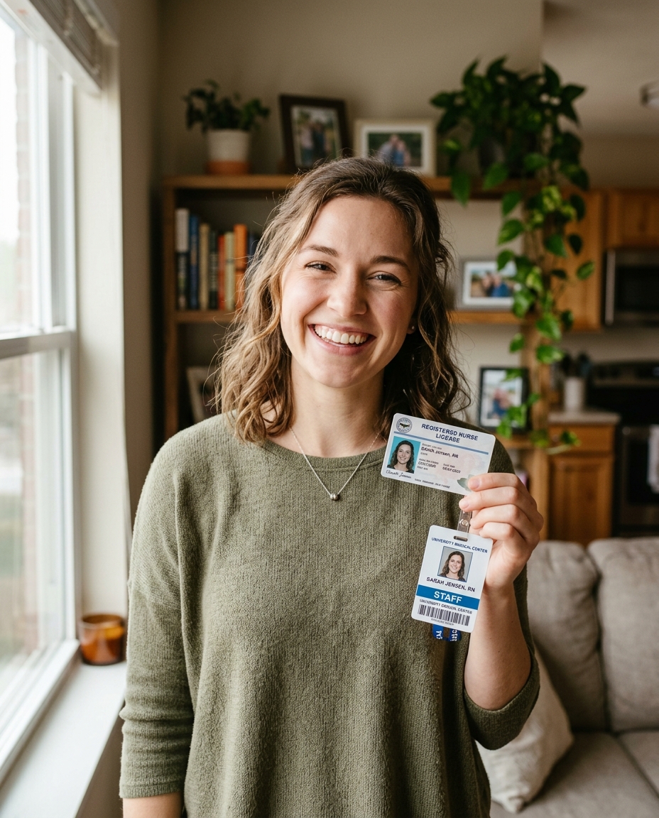 Newly licensed RN smiling at home holding her hospital ID badge